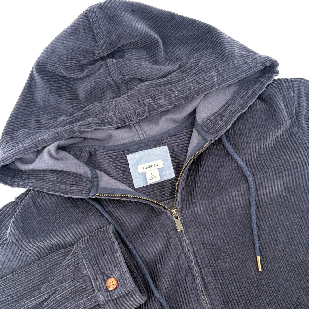 L.L.Bean Navy Blue Corduroy Hooded Full Zip Jacket 520373 Womens Large